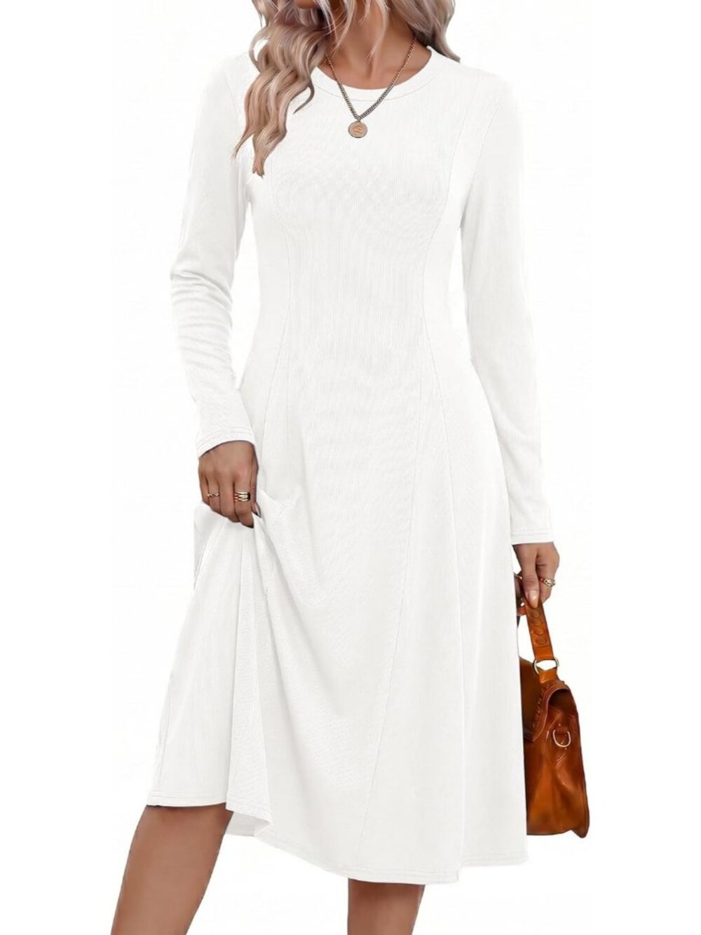Women's White Sweater Crew Neck Long Sleeve Ribbed Knit A Line Flowy Midi Dress